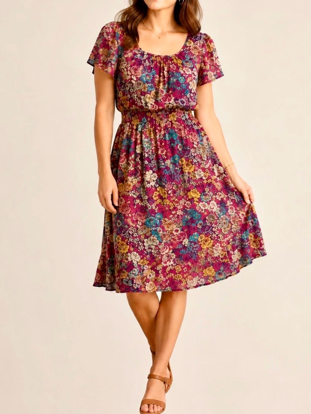 SUNDANCE Silk Floral Smocked Multicolor
Short Sleeve Dress Size 12